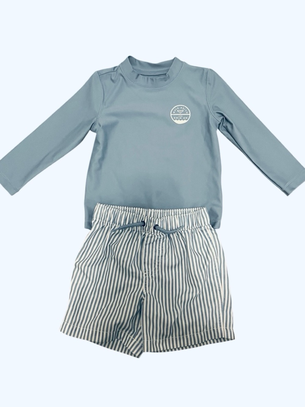 Carter’s Swim Shorts Swim Shirt Rash Guard Stripes Waves Light Blue Swimsuit Set